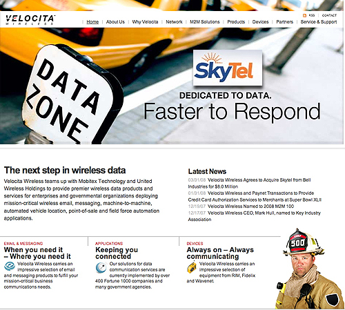Velocita Wireless home page + SkyTel logo