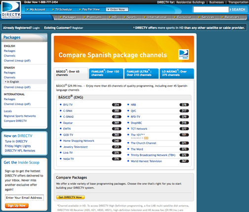 DIRECTV Spanish package homepage