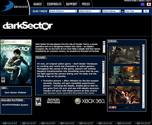 D3 Publisher's Dark Sector game home page