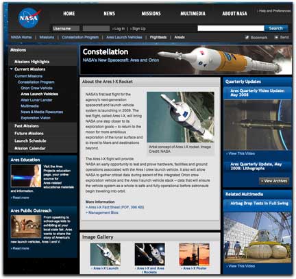 NASA Ares i-x website homepage