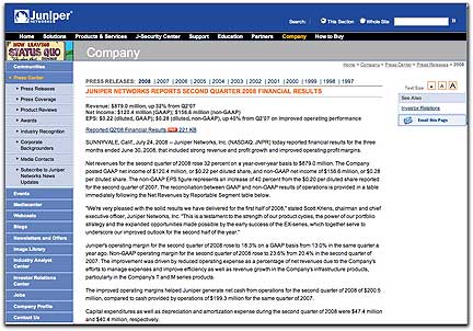 Juniper Networks Q2 2008 financials page