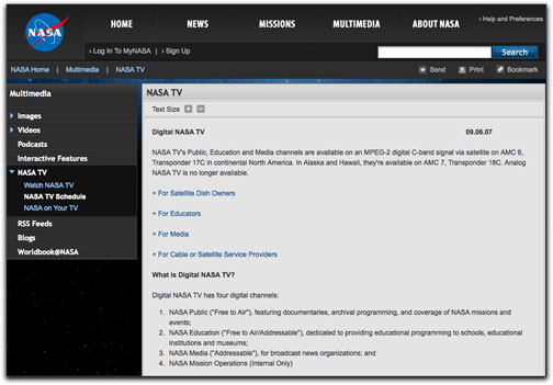 NASA TV how to webpage