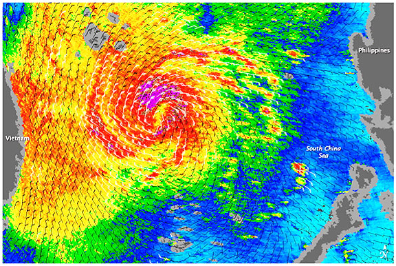 Typhoon Mirinae heading to Vietnam (NASA QuickSCAT