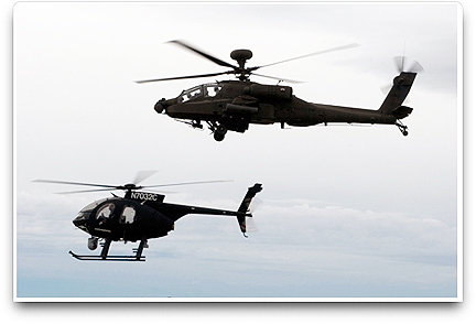 Boeing Apache helicopter + Little Bird UAV