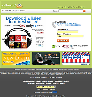 Audible.com home page screen