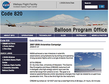NASA Balloon site homepage