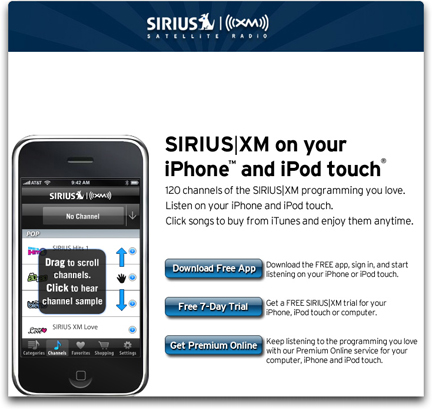 Sirius XM iPhone App page