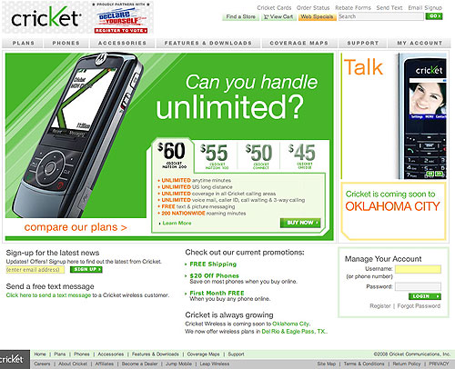 Cricket Communications home page