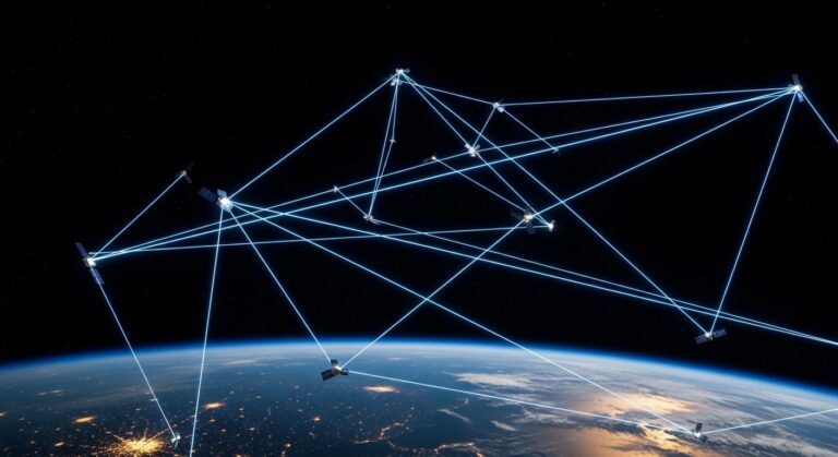 Network of satellites in low Earth orbit connected by laser communication beams forming a distributed data infrastructure above Earth