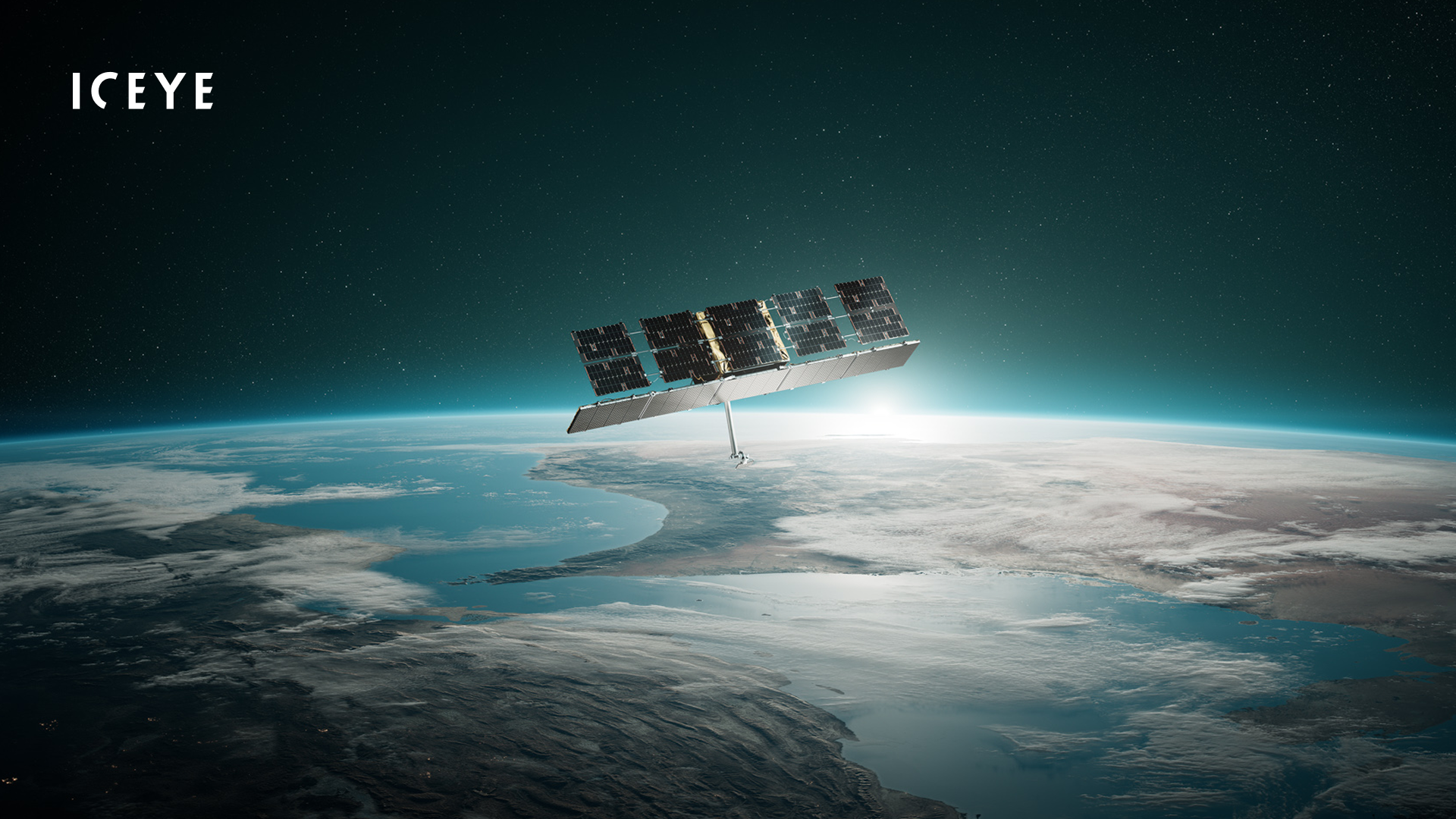 Render of an ICEYE Gen4 synthetic aperture radar satellite in orbit above the Arabian Peninsula