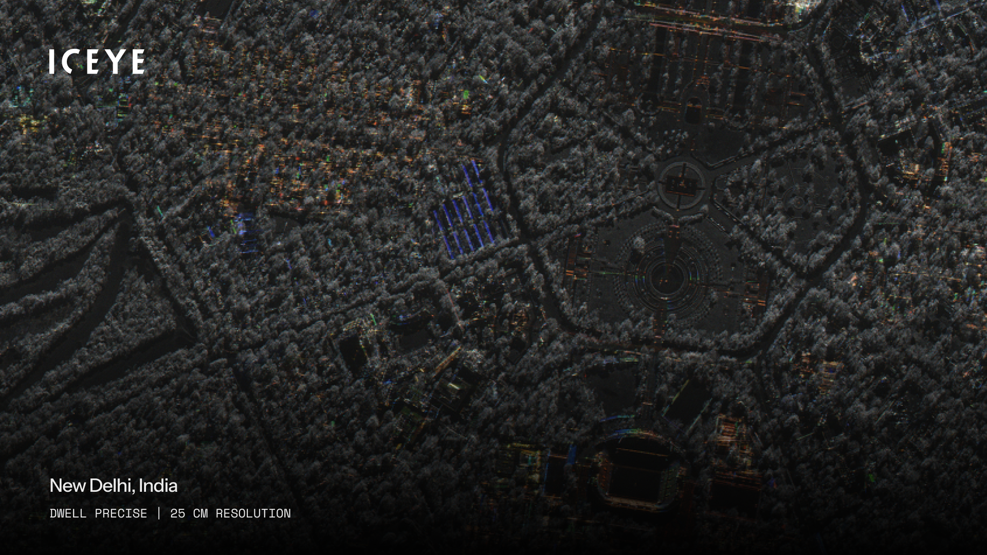 ICEYE synthetic aperture radar image of central New Delhi at 25 cm resolution, showing the radial road pattern around Connaught Place