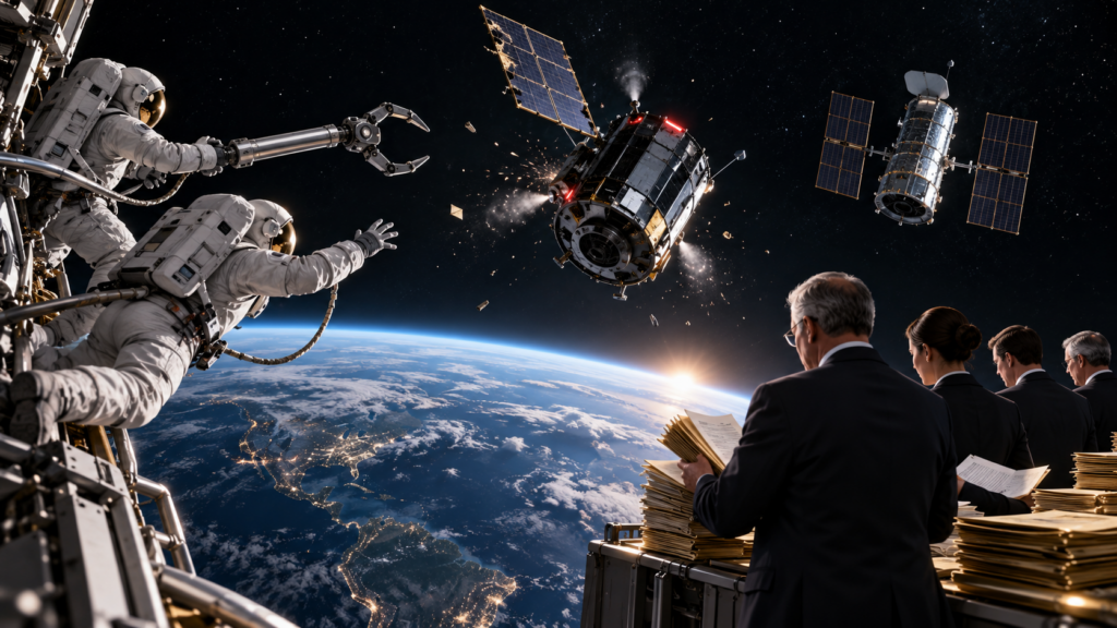 A robotic servicing spacecraft holds position near a tumbling defunct satellite with no capture fixture, in low Earth orbit.
